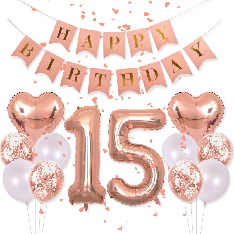 EASUTE 40Inch 15 Balloons Number Birthday Decorations, 15th Birthday Decorations for Girls with Rose Gold Banner Confetti Balloons 1" in Diameter Heart Confetti for 15 Birthday Party Supplies Photo Props - Image 1